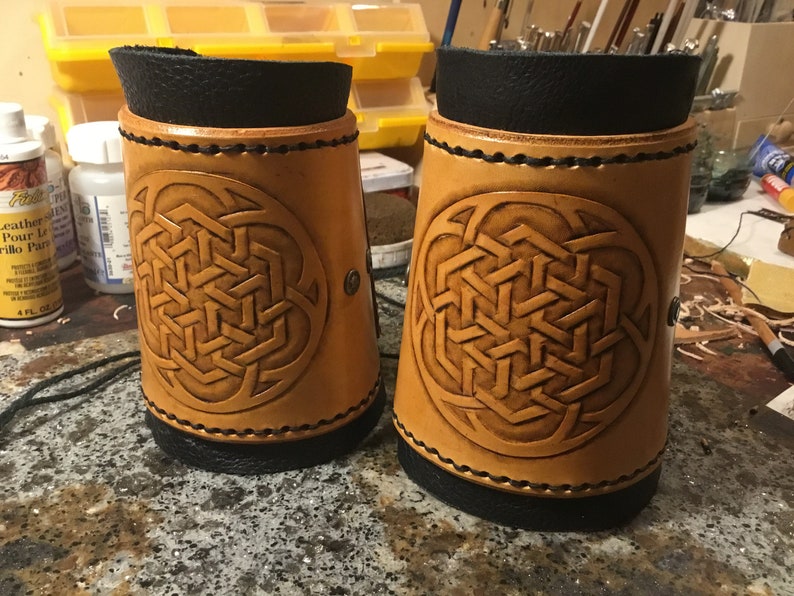 Geometric design bracers Hand tooled free shipping