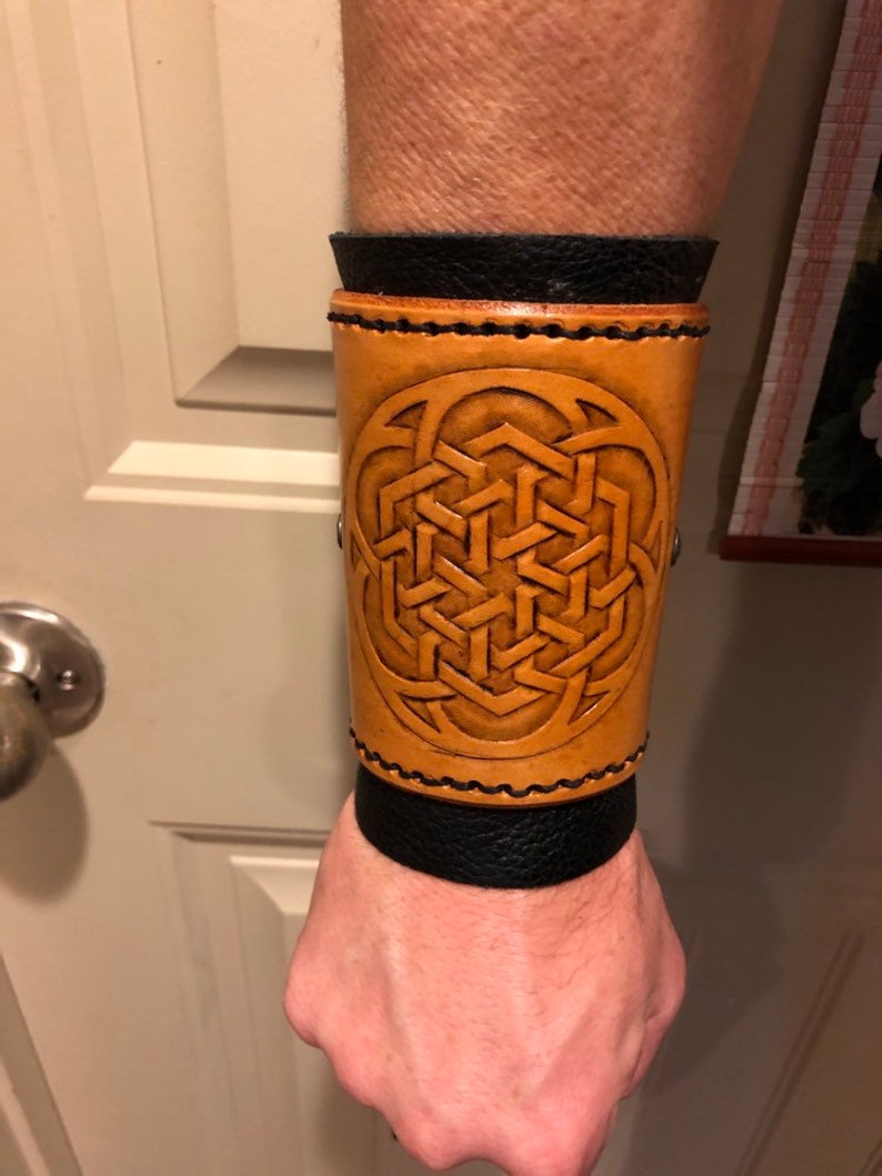 Geometric design bracers Hand tooled free shipping