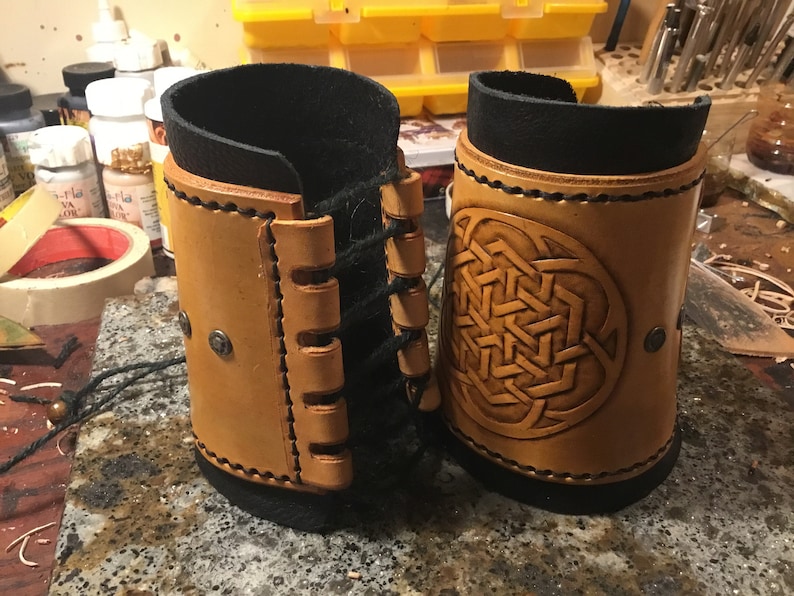 Geometric design bracers Hand tooled free shipping