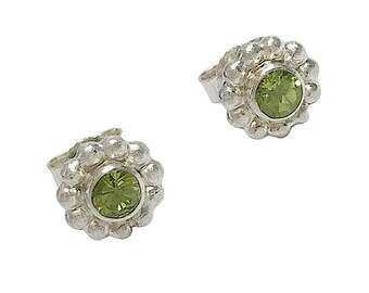 Ball ring ear studs with factted peridot, handmade