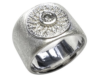 Silver ring with delicate gallery and sparkling zirconia, handmade, individual production