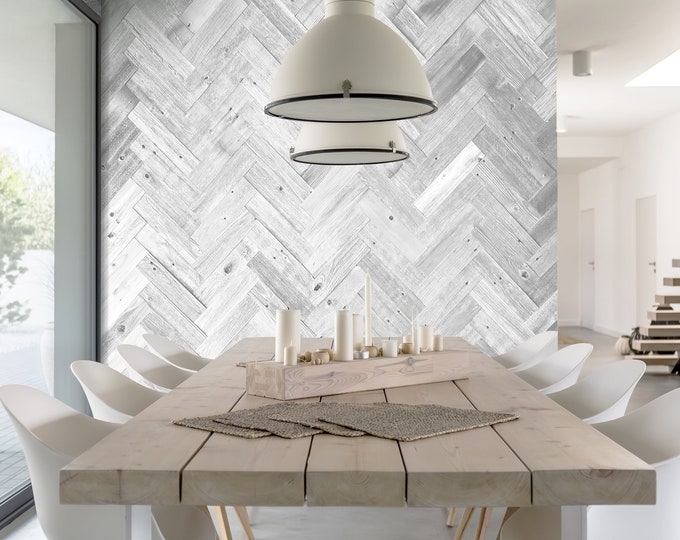 Whitewash Barn Wood Reclaimed Wall Planks in Herringbone Simple Peel & Stick Barn Wood Accent