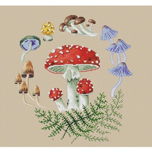 Mushrooms Cross Stitch Patterns Autumn Fall Toadstool Fly agaric Round Pillow Wreath Counted Needlepoint Printable PDF Instant Download image 4