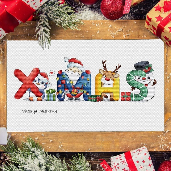 Merry Christmas Cross Stitch Pattern Decoration Snowman Scene X-Mas Animal Santa Deer X-stitch Needlepoint Printable PDF Instant Download