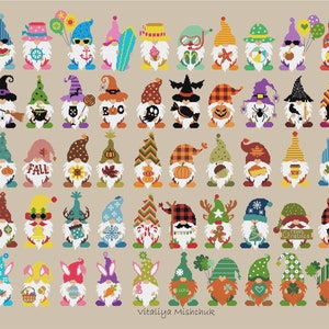 Gnome Cross Stitch Pattern PDF Set Collection Summer Christmas Easter Autumn Easy Simple Primitive Easter Halloween Patrick&#39;s Day Small