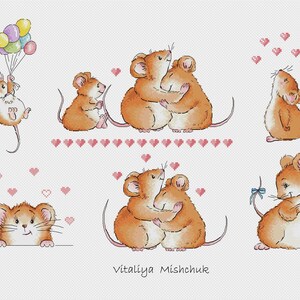 Könnte beinhalten: Sechs süße braune Mäuse in verschiedenen Posen, darunter ein Paar, das sich gegenseitig hält, eine Maus, die Ballons hält, und eine Maus, die hinter einer weißen Oberfläche hervorlugt. Das Bild zeigt ein rosa Herzmuster und den Text "Vitaliya Mishchuk".