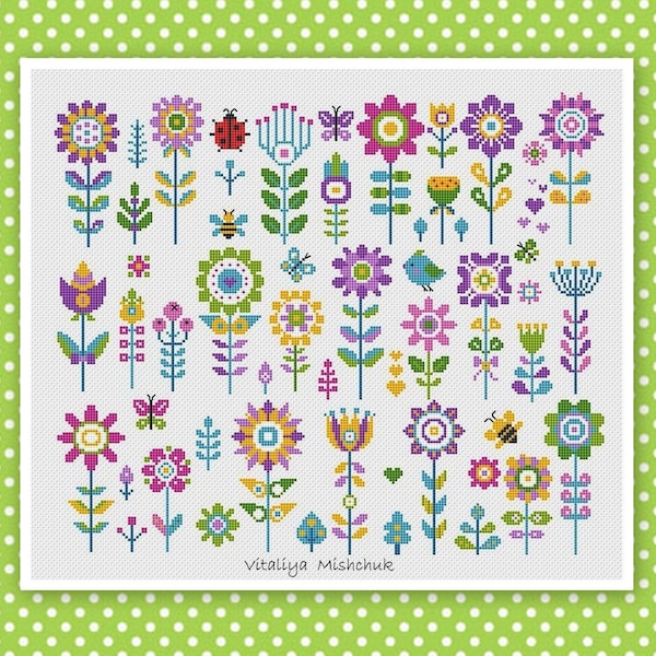 Small Flower Cross Stitch Pattern Floral Folk Mini Set Garden Plants Sampler Spring Summer EasyTiny Simple  Needlepoint PDF Instant Download