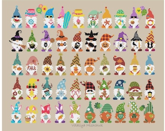 Gnome Cross Stitch Pattern PDF Set Collection Summer Christmas Easter Autumn Easy Simple Primitive Easter Halloween Patrick's Day Small