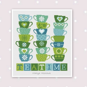 Tea Cup Cross Stitch Pattern PDF Tea Time Cups For Kitchen Dishes Modern Easy Simple Primitive Green Blue Set  Colorful  Instant Download