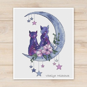 Cross Stitch Cat Cross Stitch Pattern Galaxy Animals Moom and Stars Colorful Art DIY X-stitch Needlepoint Embroidery PDF Instant Download