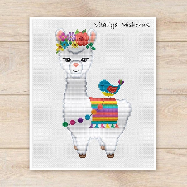 Llama Patrón de punto de cruz Alpaca Animales simples Pájaro fácil para niña bebé Niños Punto X colorido Principiante Imprimible Descarga instantánea PDF