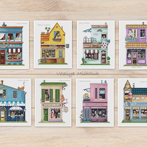 Houses Cross Stitch Pattern Shop Showcase Bistro Set Village Library Cafe Street Woman Cat Collection Series Counted PDF Home Hairdresser&#39;s