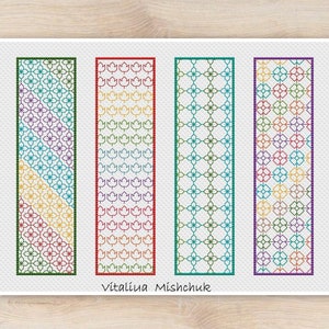Peut inclure: Quatre marque-pages brodés colorés avec des motifs géométriques. Les marque-pages sont encadrés de vert, rouge, bleu et violet. Le texte "Vitaliia Mishchuk" est en bas de l'image.