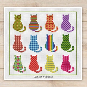 Silhouette Cat Cross Stitch Pattern Easy Modern Simple Animals DMC X-stitch Chart Beginner Colorful Art  Printable PDF Instant Download