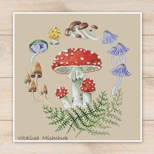 Mushrooms Cross Stitch Patterns Autumn Fall Toadstool Fly agaric Round Pillow Wreath Counted Needlepoint Printable PDF Instant Download image 1