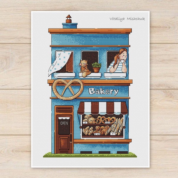 Winkel Kruissteekpatroon Bakkerij Huis Vitrine Bakken Brood Kat Koffie Voedselset Rol Modern Straat Geteld Borduurblauw PDF Home