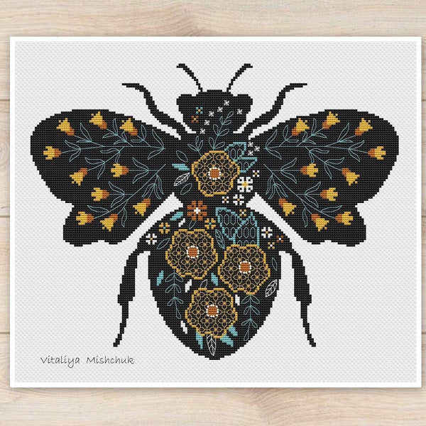 Bee Cross Stitch Pattern PDF Insects Fly Beetle Silhouette Flower Floral Folk Blackwork Modern Black Dark Animal Biology Instant Download