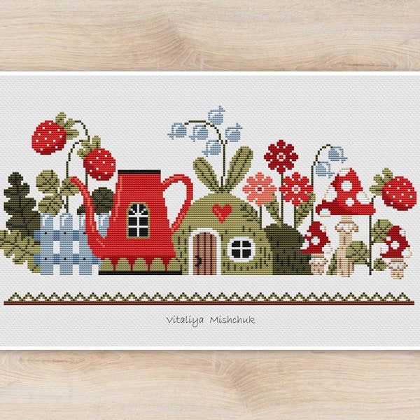 Fairytale House Cross Stitch Pattern PDF Forest Mushrooms Toadstool Autumn Teapot Street Easy Simple Gnome Strawberries Nature Charming