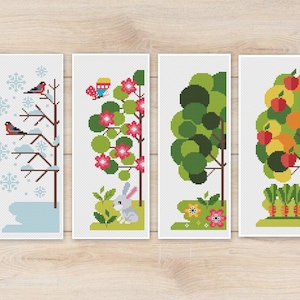 Bookmark Cross Stitch Pattern Set Four Season Tree Seasonal Modern Easy Beginner Summer Winter Spring Winter Colorful Simple  PDF Download