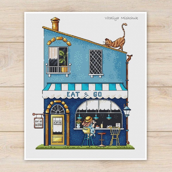 Cafe Cross Stitch Pattern Bistro House Girl Shop Showcase Cat Summer Set Woman Food Restaurant  Retro  Needlepoint PDF Instant Download