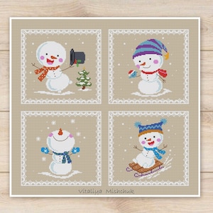 Christmas Snowmen Cross Stitch Pattern Ornament Set Beginner Easy Simple  Scene Counted Decoration Funny Needlepoint  PDF Instant Download