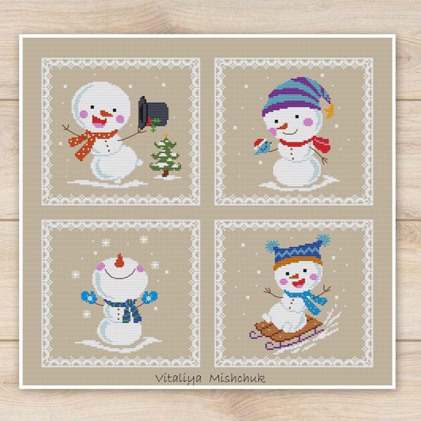 Christmas Snowmen Cross Stitch Pattern Ornament Set Beginner Easy Simple  Scene Counted Decoration Funny Needlepoint  PDF Instant Download