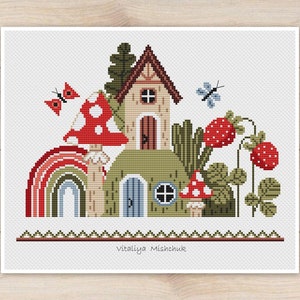 Fairytale House Cross Stitch Pattern PDF Forest Cozy Mushrooms Toadstool Autumn Rainbow Summer Beginner Easy Strawberries Nature Charming