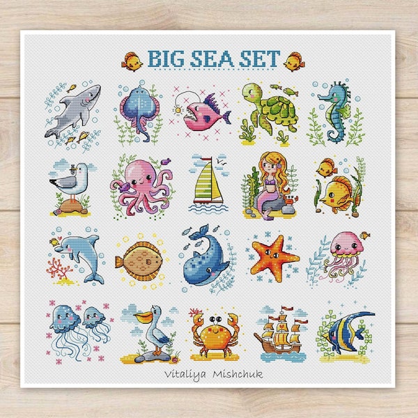 Sea Life Cross Stitch Pattern PDF Cute Animal Mini Card Small Set For Kids Children Summer Fish Modern Nursery Needlepoint Instant Download
