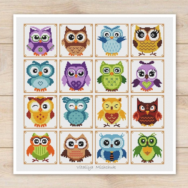 Owl Set Cross Stitch Pattern Birds Easy Primitive Animals Simple Sampler Kids Girl Ornament  Beginner Decoration Cute Instant Download PDF