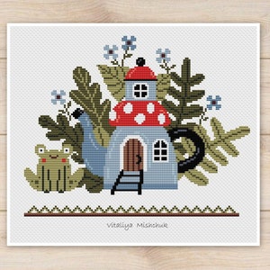 Teapot House Cross Stitch Pattern PDF Forest Frog Mushrooms Autumn Tea Fairytale Easy Simple Beginner  Gnome Primitive  Nature Charming