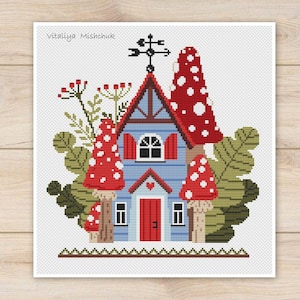 Fairytale House Cross Stitch Pattern PDF Forest Mushrooms  Toadstool Autumn Beginner Amanita Fly agaric Easy Simple Gnome Nature Charming