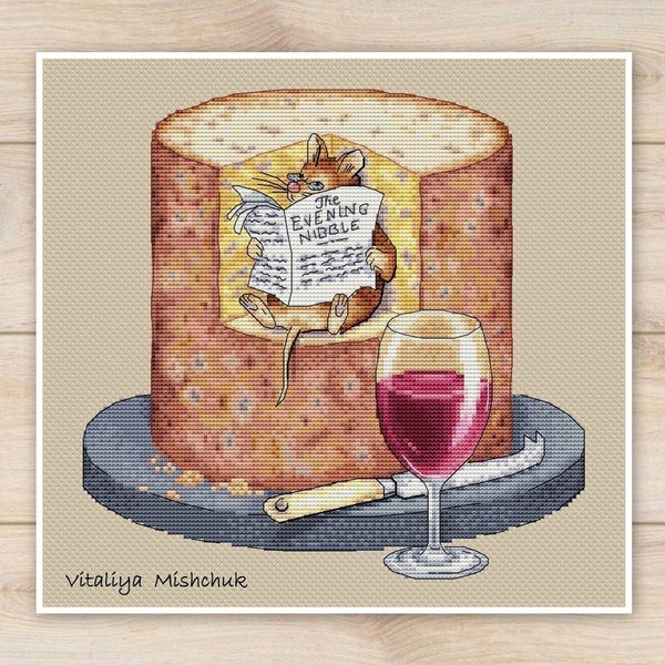 Mouse Cross Stitch Pattern Kitchen Rat Glass of Wine Cheese Fun Funny Animal Art Newspaper Cute Smart Printable PDF Instant Download