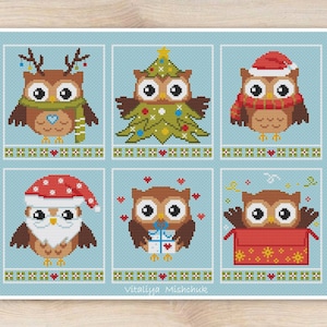 Christmas Owl Cross Stitch Pattern Christmas Birds Easy Primitive Animals Ornament Set of 6 Beginner Winter Decoration Cute Instant Download