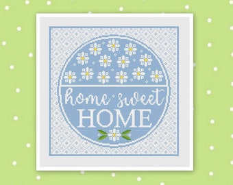 Home Sweet Home Cross Stitch Pattern Easy Simple Blackwork Monochrome BeginnerFlower Floral Chamomiles Summer Blue Round Pillow Needlepoint