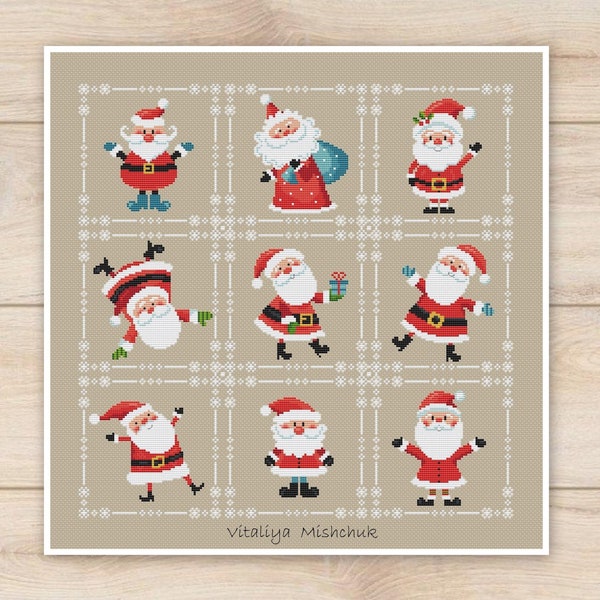 Christmas Santa Cross Stitch Pattern Easy Small Card Sampler Primitive Ornament Set Simple Beginner Cutr Funny Counted Instant Download PDF