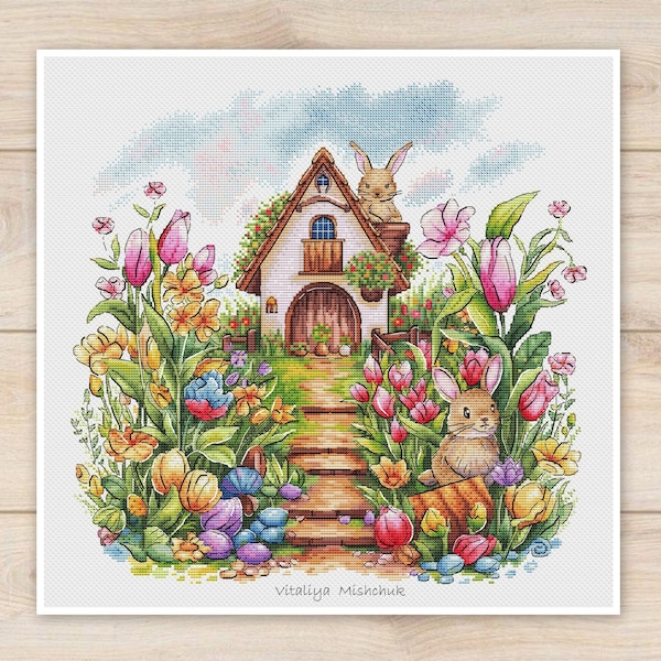 Casa dei fiori Schema punto croce PDF Coniglietto Paesaggio Bunn Fiori di campo Estate Floreale Primavera Tulipano Fiaba Natura Download istantaneo Art