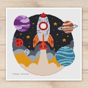 Space Cross Stitch Pattern Planets Galaxy Rocket Baby Boy Modern Easy Simple Sky Stars Solar System Colorful Art  PDF Instant Download