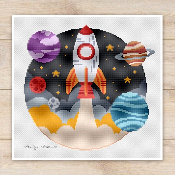 Space Cross Stitch Pattern Planets Galaxy Rocket Baby Boy Modern Easy Simple Sky Stars Solar System Colorful Art  PDF Instant Download