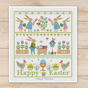 Easter Sampler Cross Stitch Patterns Easter Bunny Primitive For Kids Garden  Spring Holiday Easy Simple Beginner Happy PDF Instant Download