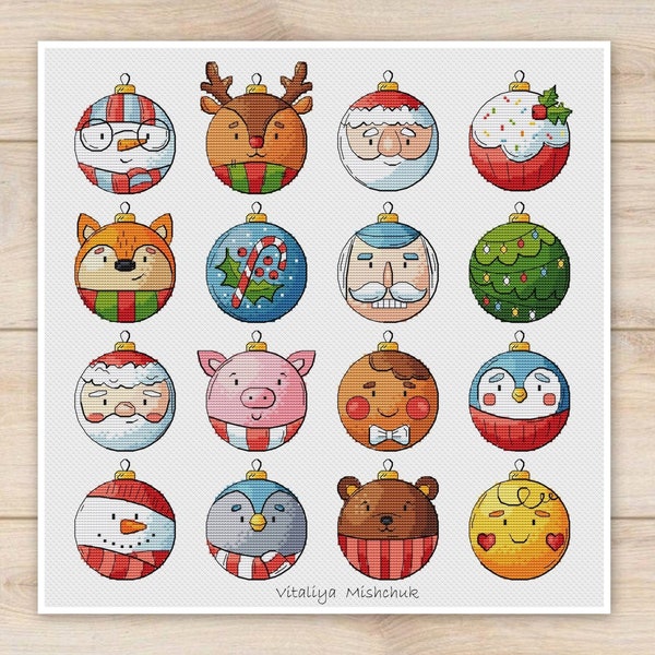 Christmas Ornaments Cross Stitch Pattern Decoration Tree Toys Balls Snowman Set Beginner Cute Funny Animal X-Mas Deer PDF Instant Download