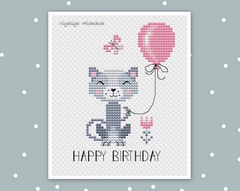 Happy Birthday Cross Stitch Pattern Card Cat Small Easy Cute Animal Baby Girl Beginner Counted PDF Easy Simple  For Kids Nursery Children