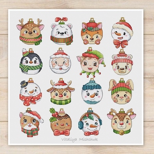 Christmas Ornaments Cross Stitch Pattern Ornament Set Small Card Tree Decorations Balls Snowman Cute Funny Animals Instant PDF Download