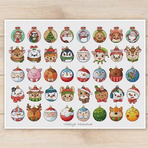 Christmas Ornaments Cross Stitch Pattern Tree Decorations Balls Santa Snowman Set Small Toys Card Round Collection Animals Deer Scene Pdf