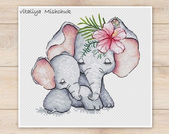 Elephant Cross Stitch Pattern Baby Animal Mom and Baby Girl Boy Kids Colorful Art X-stitch Needlepoint Printable Instant Download PDF Design