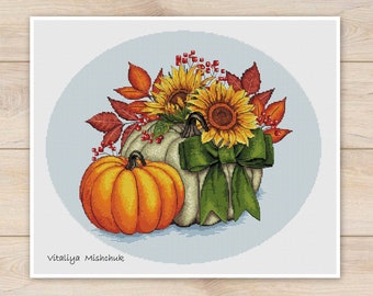 Autumn Cross Stitch Pattern Pumpkin Cross Stitch Sunflowers Flowers Harvest Leaf Kitchen DIY Needlepoint Chart  PDF Instant Download