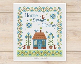 Home Sweet Home Cross Stitch Pattern PDF House Sampler Primitive Spring Easy Cottage Flower Easy Cat Village Simple Counted Instant Download