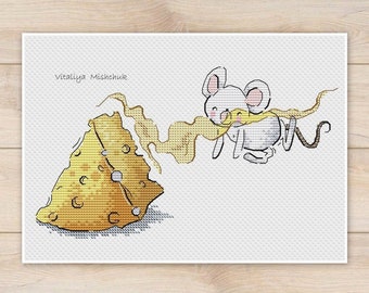Mouse Cross Stitch Pattern PDF Funny Animals Cheese Cute For Kitchen DMC X-stitch Chart Needlepoint Printable PDF Instant Download