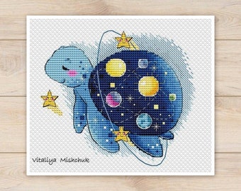 Galaxy Cross Stitch Pattern PDF Turtle Solar system Planets Space Colorful Art DIY X-stitch Needlepoint  Counted Instant Download PDF Design