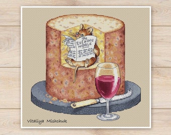 Mouse Cross Stitch Pattern Kitchen Rat Glass of Wine Cheese Fun Funny Animal Art Newspaper Cute Smart Printable PDF Instant Download