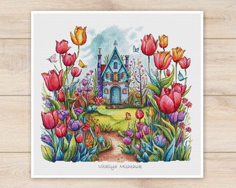 Tulip House Cross Stitch Pattern PDF Landscape Wildflowers Flower Summer Floral Spring Victorian Fairy Tale  Village Nature Instant Download